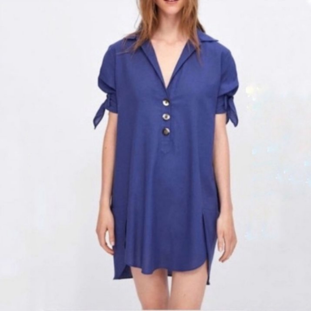 Zara Basics Blue Linen Blend Shirt Dress